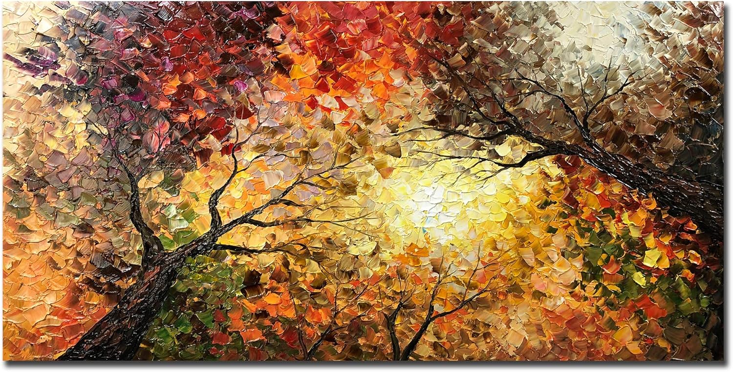 Paintings - Tiancheng Art,24x48 Inch Modern Hand-Painted Tree Art Oil Painting Acrylic Abstract Wooden Frame Canvas Wall Art for Living Room Bedroom Office Hanging Art Residence Decorations