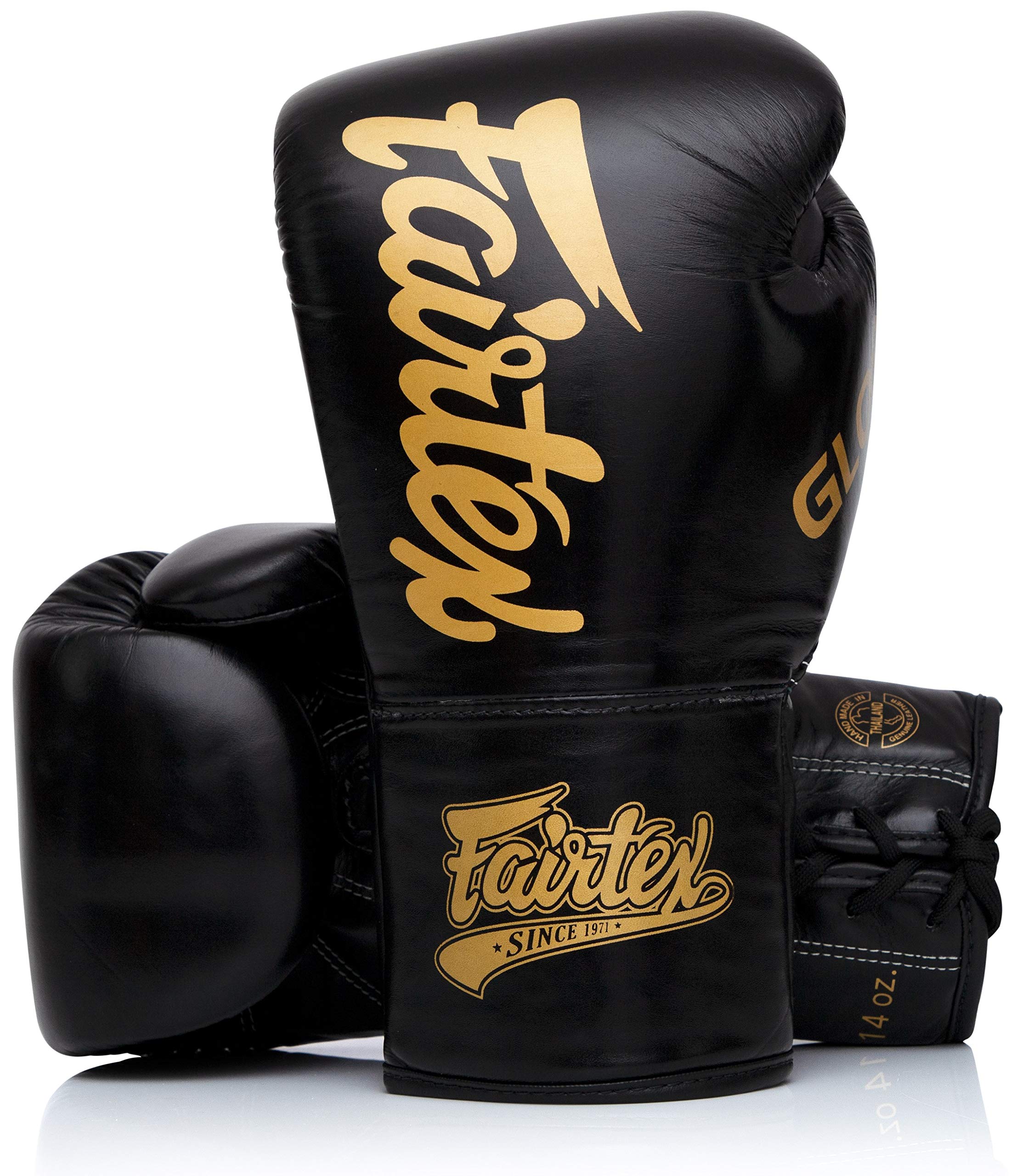 Guantes de entrenamiento Fairtex Glory - Guantes de boxeo y MMA de cuero de primera calidad | Hechos a mano en Tailandia - Acolchado de espuma que absorbe los golpes | Ideal para kickboxing, sparring y competición (negro BGLG1 - con cordones, 12 oz)