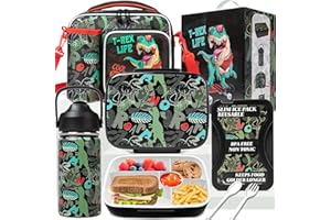 Oruiji Bento Box for Boys 5-12 with Stainless Steel Water Bottle Ice Pack Set for Boys Lunch Box Kids with Lunch Bag,Lunches or Snack 5 Compartments Container for Back to School