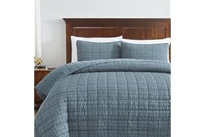 ROARINGWILD Seersucker Blue Quilt Set Queen Size with 2 Pillow Shams, Striped Textured Soft Microfiber Lightweight Bedding Bedspread Coverlet for All Season, 3 Piece 90x90 inches