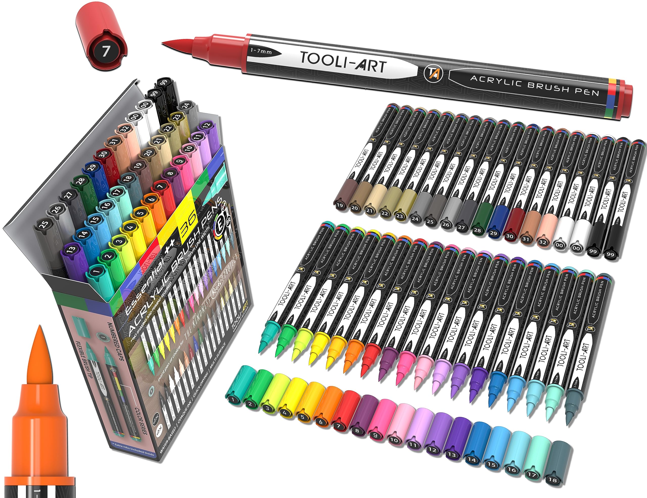 36 Flexible Brush Tip Acrylic Paint Pens Markers Set 1-7mm Line for Rock Painting, Brush Lettering, Scrapbooking, Glass, Mugs, Wood, Metal, Canvas, Fabric, Plastic. Non Toxic Waterbased Quick Drying