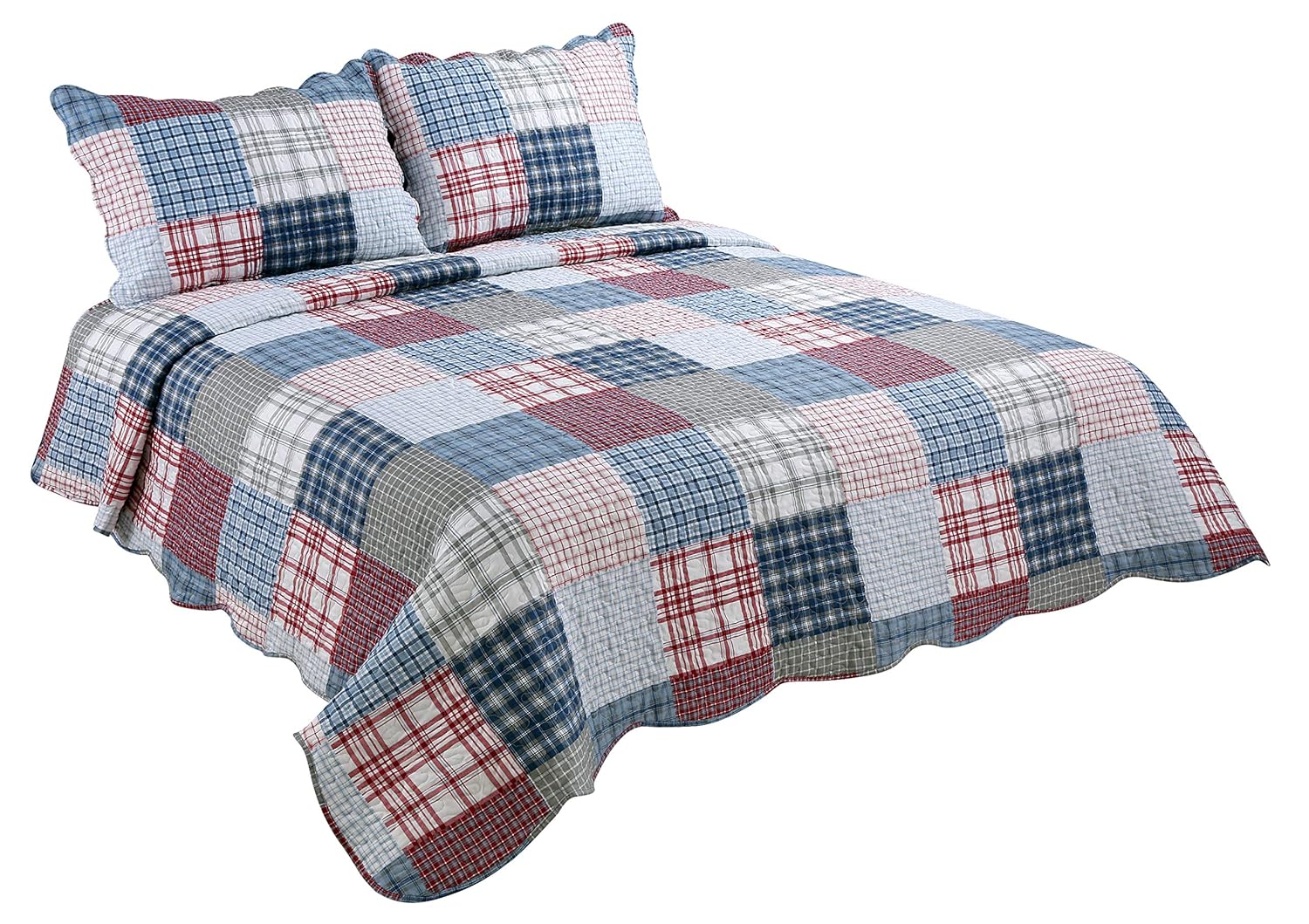 Marina Decoration Rich Printed 3 Pieces Luxury Quilt Set with 2 Quilted Shams, Multi Colors Plaid, Blue, Red, Gray and White Color, King Size