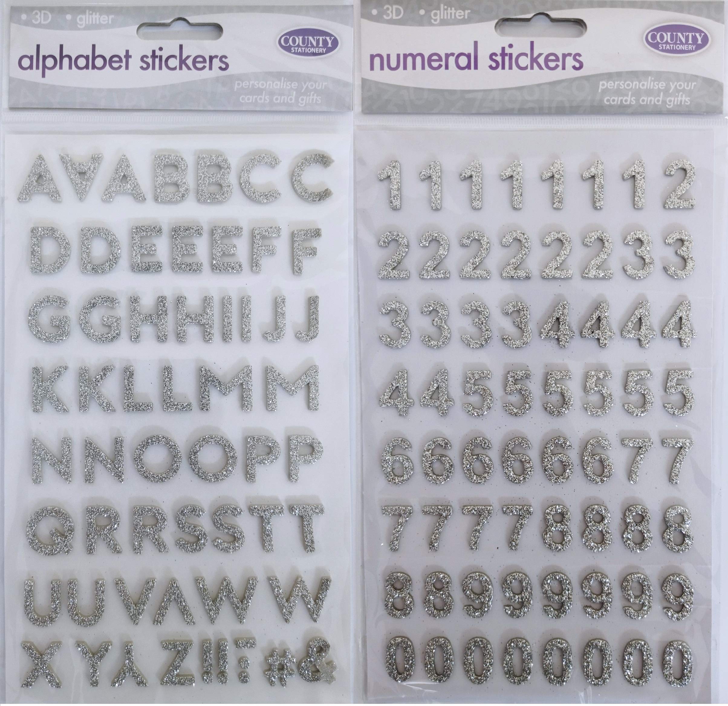 17mm 3D Glitter Alphabet & Number Stickers Letters Silver Sticky Sticker Sheet Scrapbooking Decoration Cards Christmas Personalised Xmas Card Art Craft Glittery