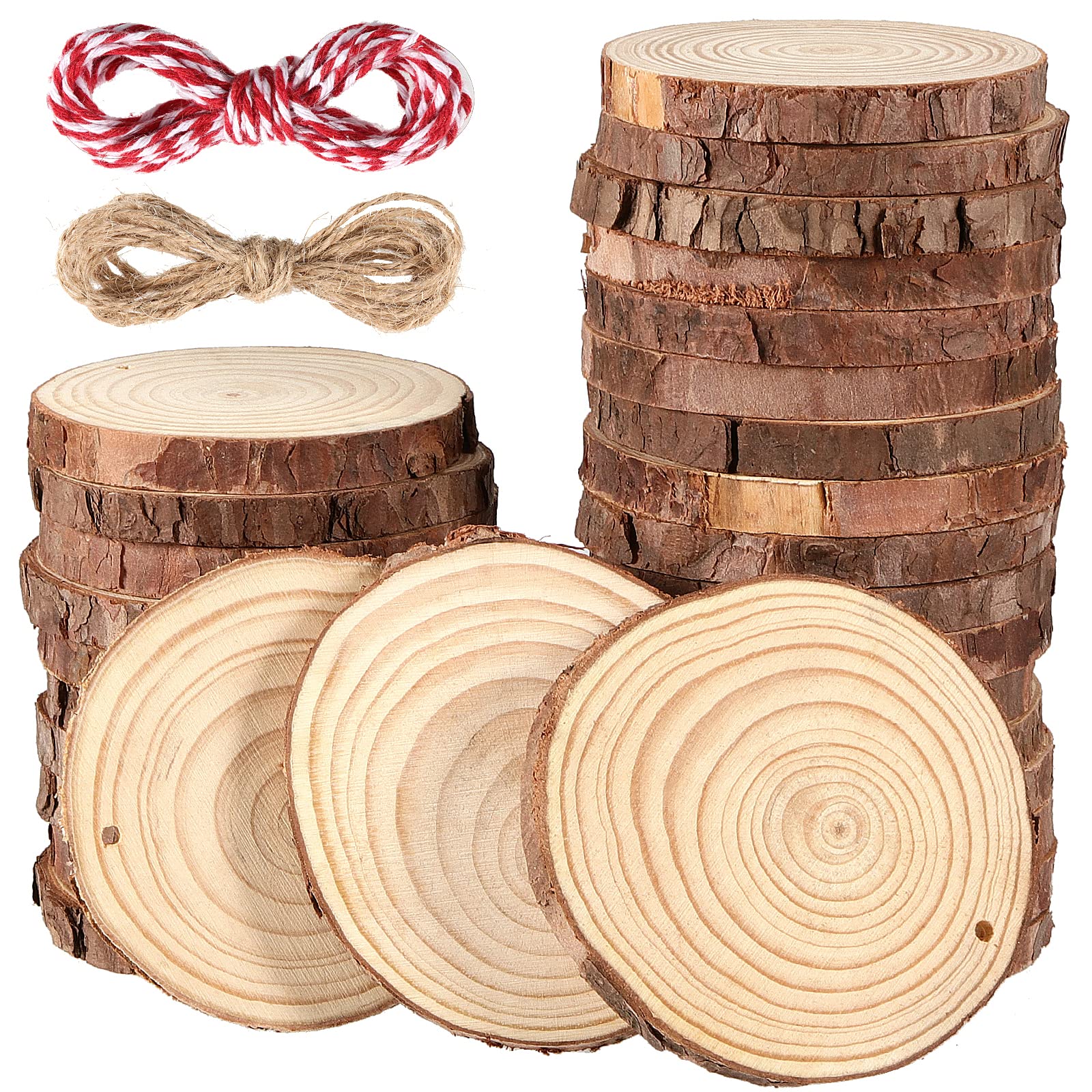 MANCHAP 30 PCS 9-10cm Drilled Hole Craft Wood Log Slices, Unfinished Wood Discs Wooden Circles with String for DIY Crafts, Home Decorations