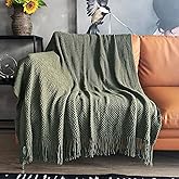 LOMAO Knitted Throw Blanket with Tassels Bubble Textured Lightweight Throws for Couch Cover Home Decor (Dark Olive, 50x60)