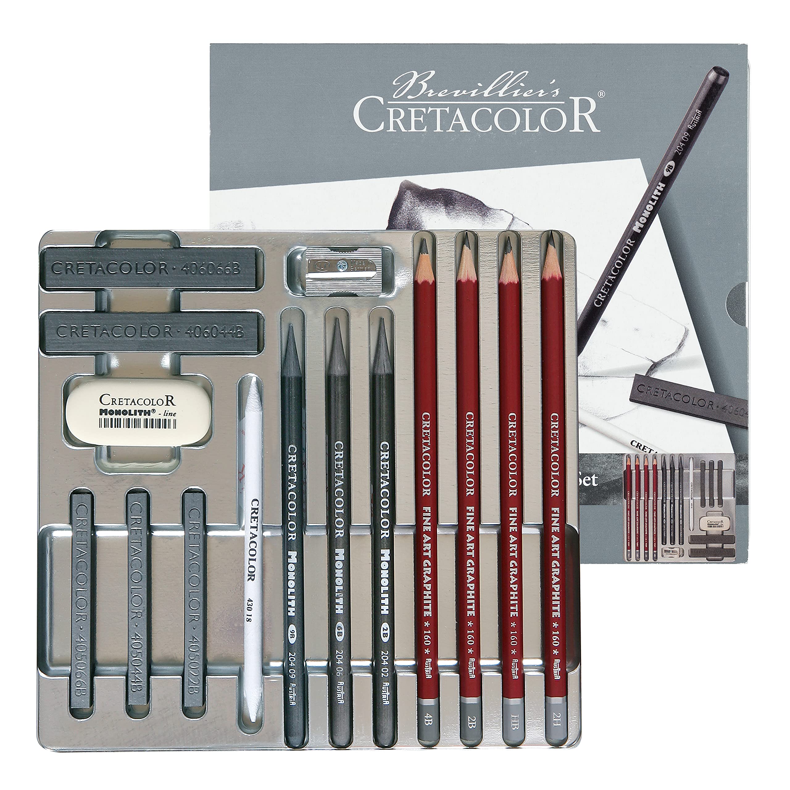 Cretacolor Silver Box Graphite Drawing Set, Graphite Drawing Set, 15 Pieces, for Beginners and Professionals