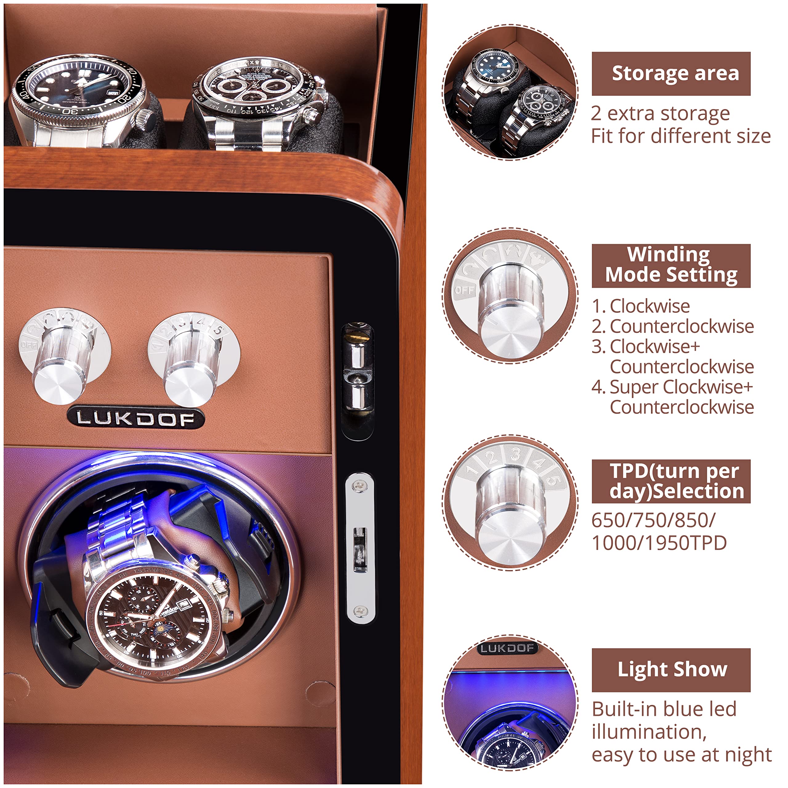 Automatic Watch Winder with Quiet Running Motor Watch Winding Display+ 2 Storage Box, Built-in Illumination, Walnut Watch Winder for Rolex with 3 Adjustable Upgraded Watch Pillows, AC Adapter