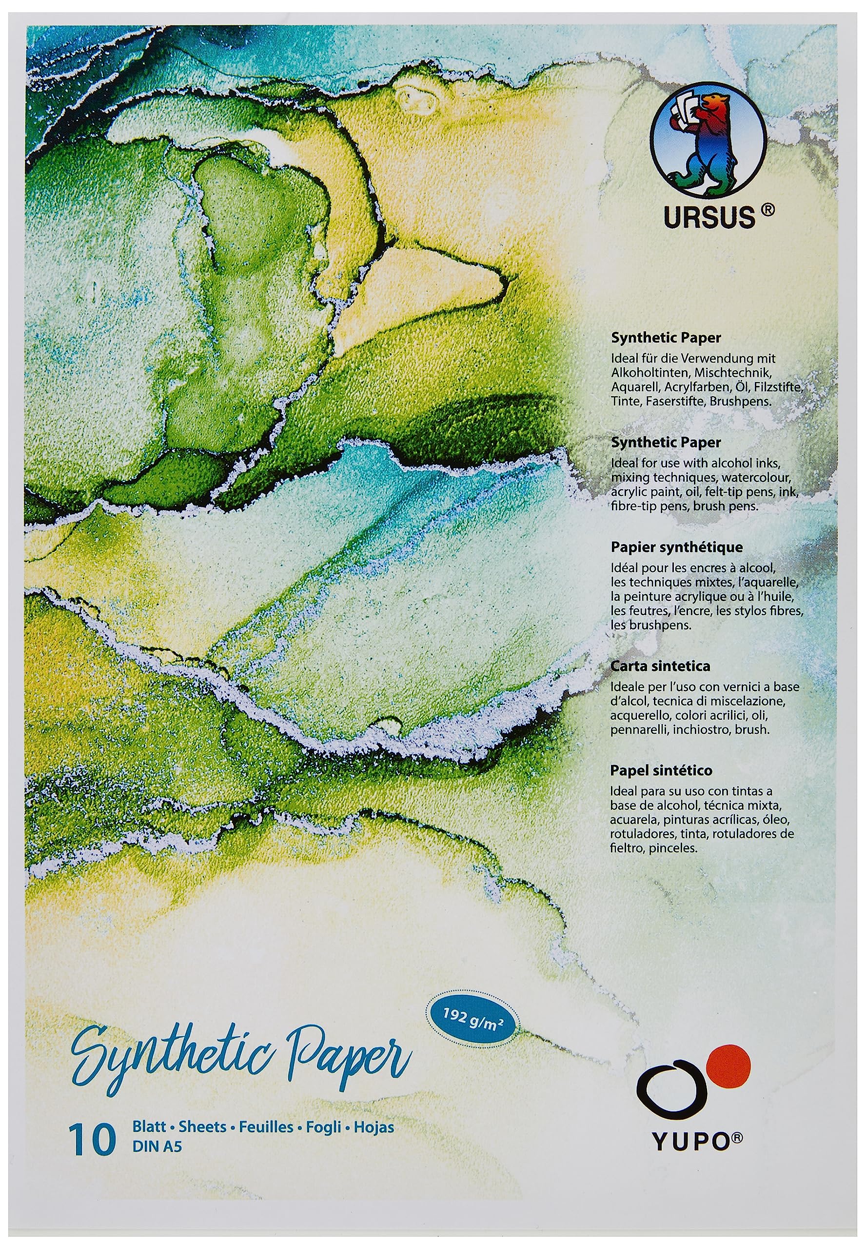 URSUS 16279200 Yupo Paper, 192 g, DIN A5, 10 Sheets, Synthetic, Smooth Surface, Tear and Waterproof, UV Lightfast, Extremely Durable, 100% Recyclable, Versatile, White