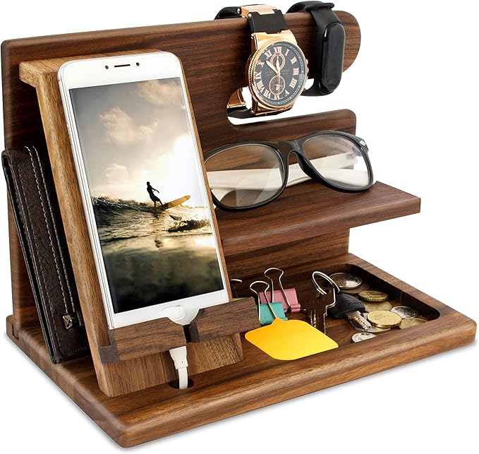 Amazon Com Teslyar Natural Walnut Wood Phone Docking Station Key Holder Wallet Stand Watch Organizer Men Gift Husband Wife Anniversary Birthday Nightstand Purse Father Male Graduation Travel Idea Gadgets Solid