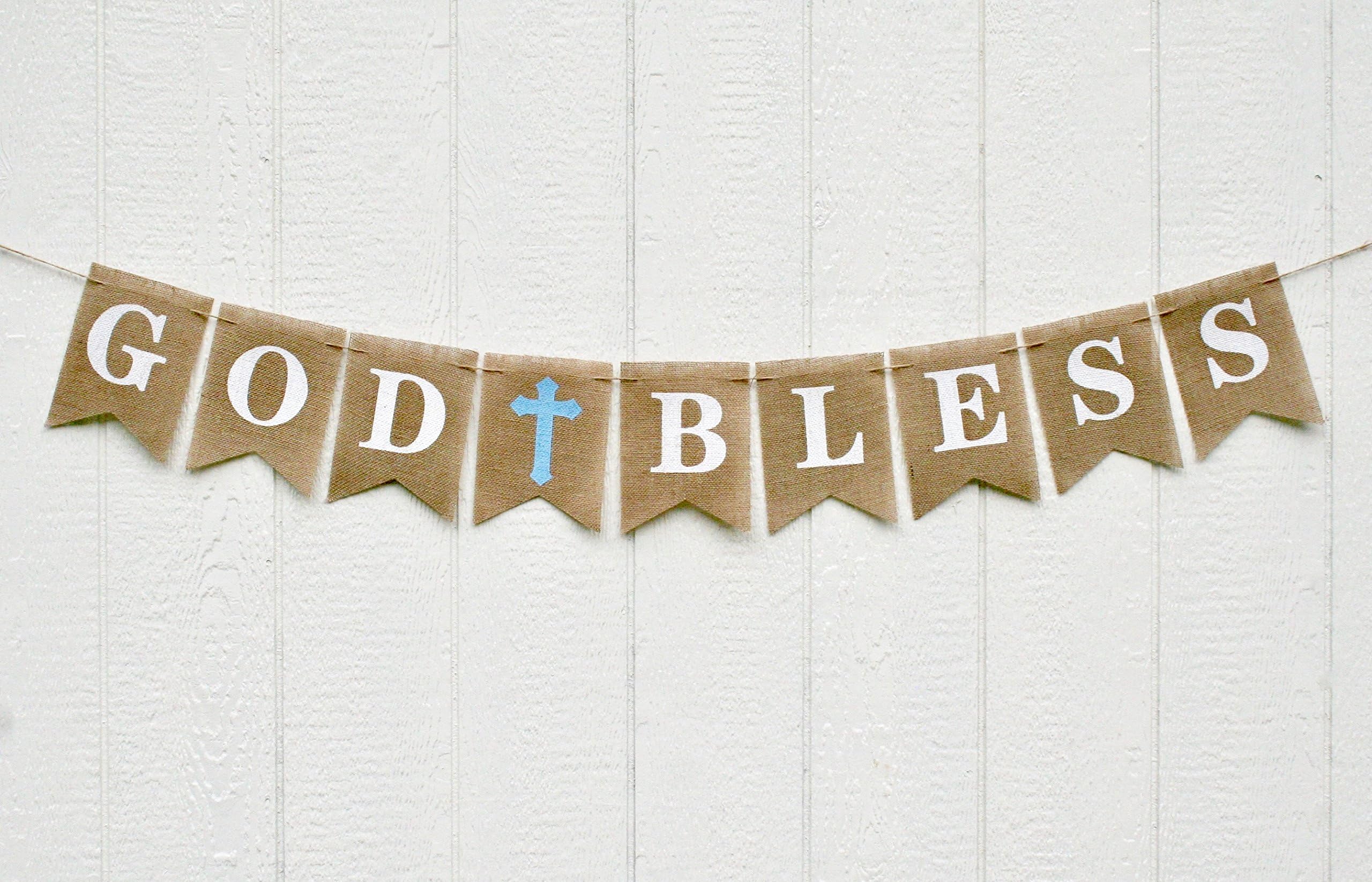 God Bless Burlap Banner By Emerywood: Decorating Baptism Banner Christening Party Garland With Blue Cross โ Blessing Sign Decoration For First Holy Communion, Weddings, Baby Showers And Confirmations