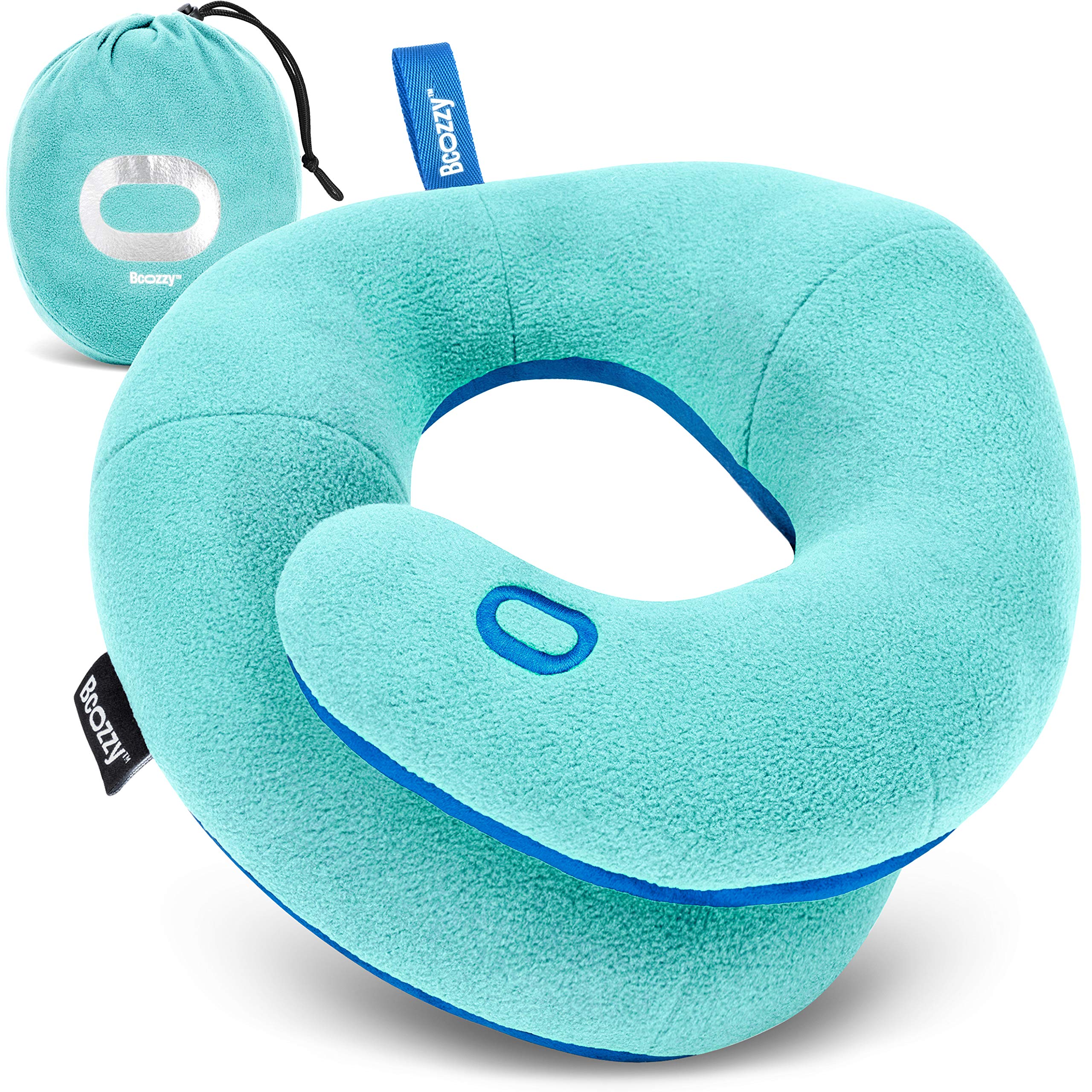 BCOZZY Kids Chin Supporting Travel Pillow for Ages 3–7- Patented Soft Neck Pillow for Head and Chin Support in Car Seat and Airplane. Comfortable Travel Essential. Small Size, Bag, Light Blue