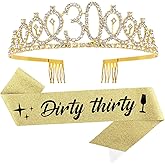 Semato 30th Birthday Sash & Rhinestone Tiara Kit - 'Dirty thirty' Happy 30th Birthday Gifts for Women - Gold