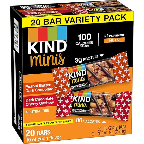 KIND MINIS BARS, PEANUT BUTTER DARK CHOCOLATE AND DARK CHOCOLATE CHERRY CASHEW, GLUTEN FREE, VARIETY PACK, 0.7 OZ, (PACK OF 20)