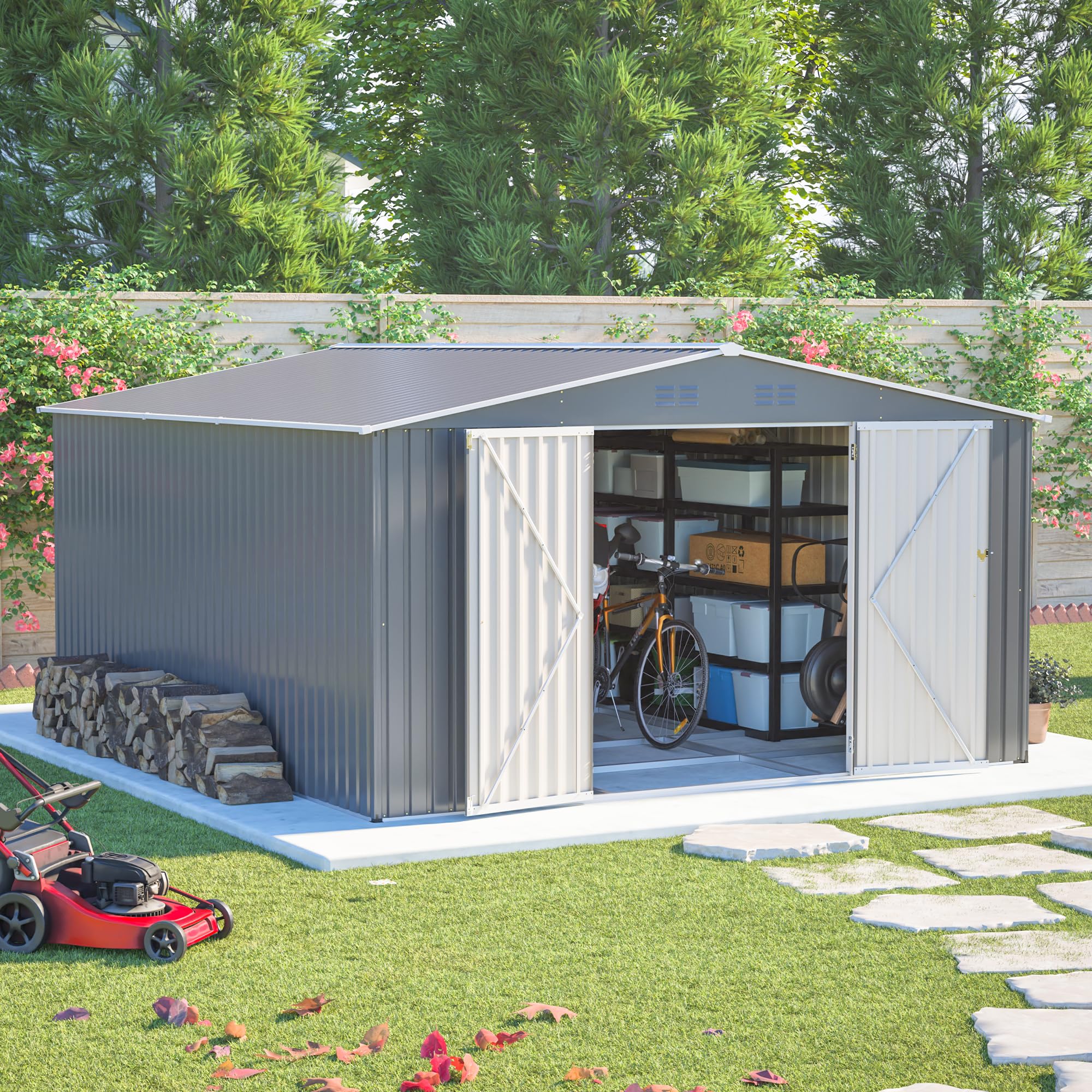 Photo 1 of ***FACTORY SEALED***
YOPTO 12x14FT Outdoor Storage Shed Metal Shed W/Floor Frame,Garden Tool House W/ 4 Air Vents,Lockable Double Doors & Sloped Roof,for Patio,Lawn,Backyard,Light Gray