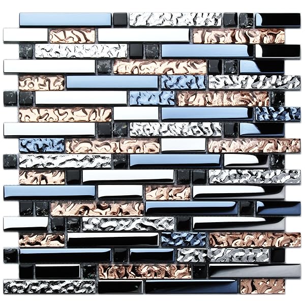 TST Mosaic Tiles Crystal Glass Tile Interlocking Black Brown Mosaic Bath Kitchen Fireplace Decor TSTGT107 (11 PCS [11.8'' X 12.2''/each])