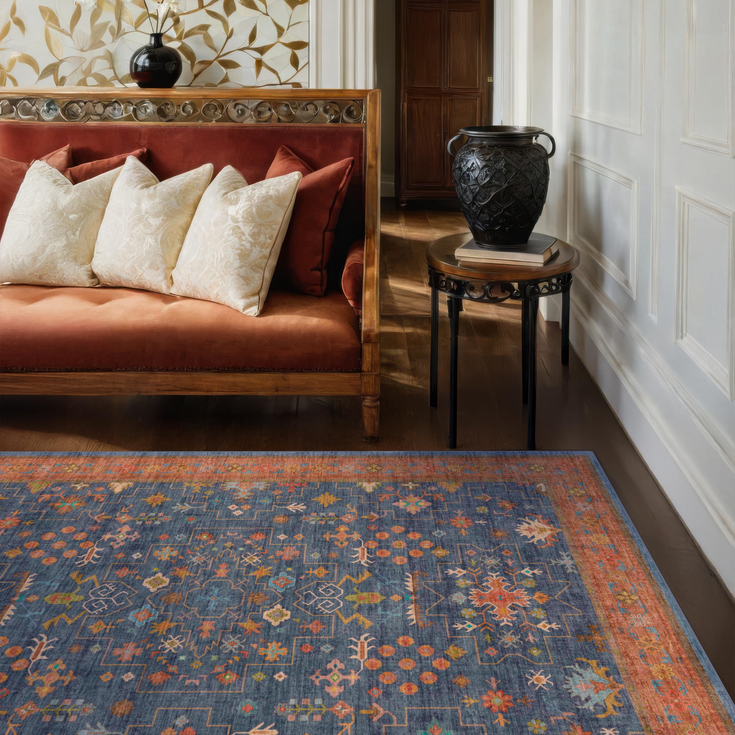 Photo 1 of Hazo Haus Dark Blue & Terracotta 5x8 Living Room Rug - Machine Washable Area Rugs for Bedroom, Dining Room, Kitchen Floor, Small Office, Low Pile Non-Slip Rubber Backing & Stain Resistance