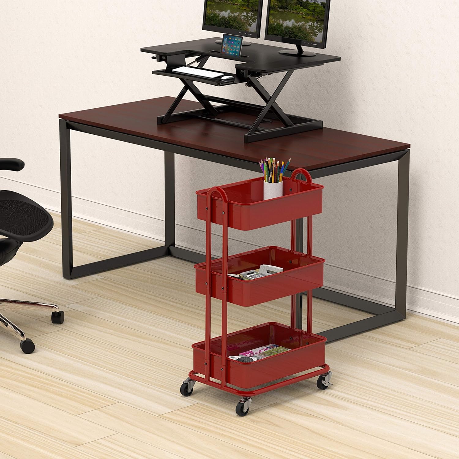 SimpleHouseware Heavy Duty 3-Tier Metal Utility Rolling Cart, White : Office Products