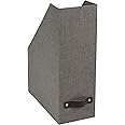 Bigso Box of Sweden Estelle Canvas Fiberboard Upright Magazine Storage Box Organizer for Papers & Catalogs w/ Leather Handle | Magazine File Holder for Office Desks | 12.6" x 4.5" x 9.8" | Gray
