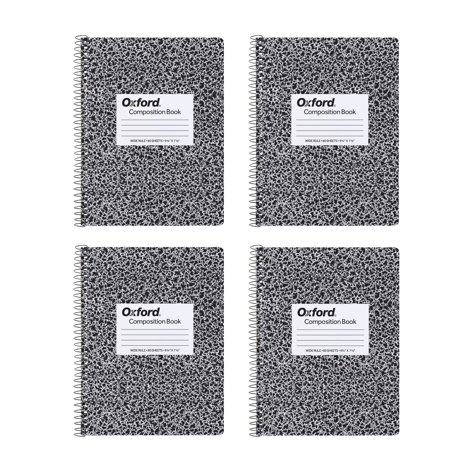 Oxford Spiral Composition Notebooks, 4 Pack, Wide Ruled Paper, 9-3/4 x 7-1/2 Inches, 80 Sheets, Black Marble Cover (64950)