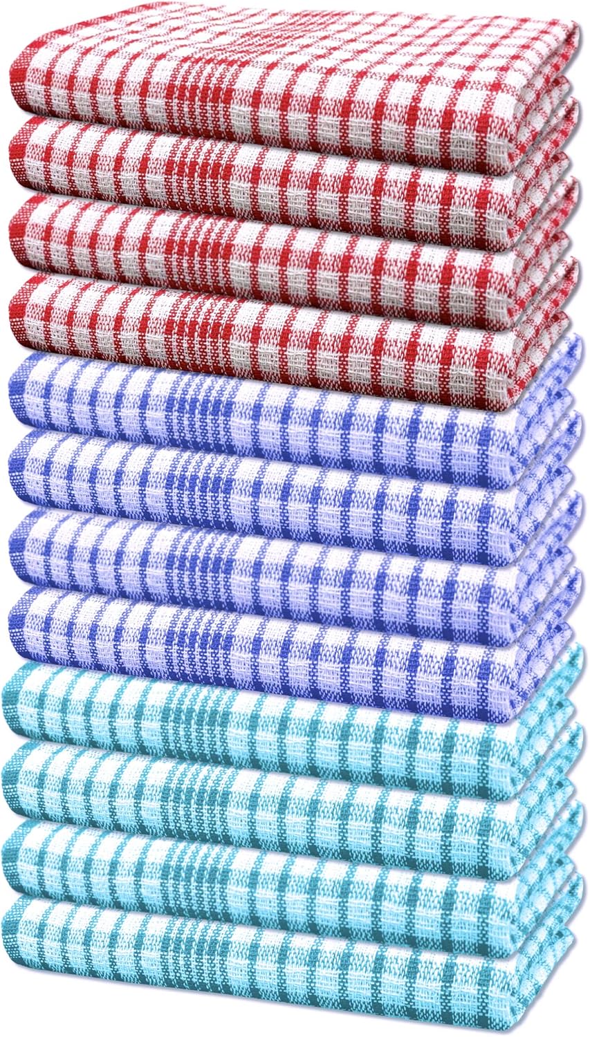 Mono Check Pure Cotton Tea Towels Wonderdry Bar Kitchen Dish Cloth Lint Free Long Lasting Quick Dry Absorbent Towels Set (Multi Colour