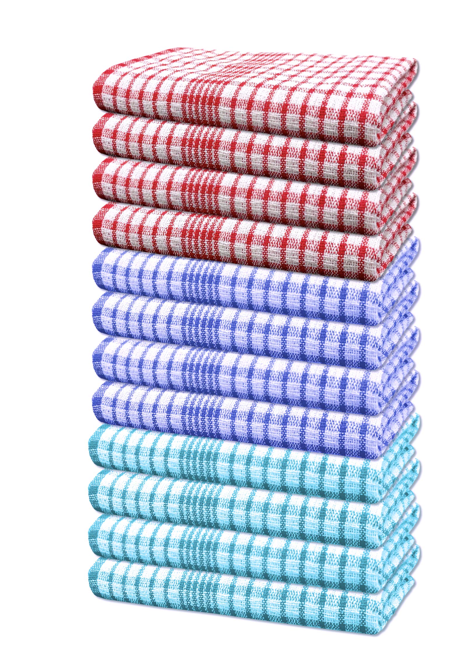 Mono Check Pure Cotton Tea Towels Wonderdry Bar Kitchen Dish Cloth Lint Free Long Lasting Quick Dry Absorbent Towels Set (Multi Colour, Red, Green, Blue, 12)
