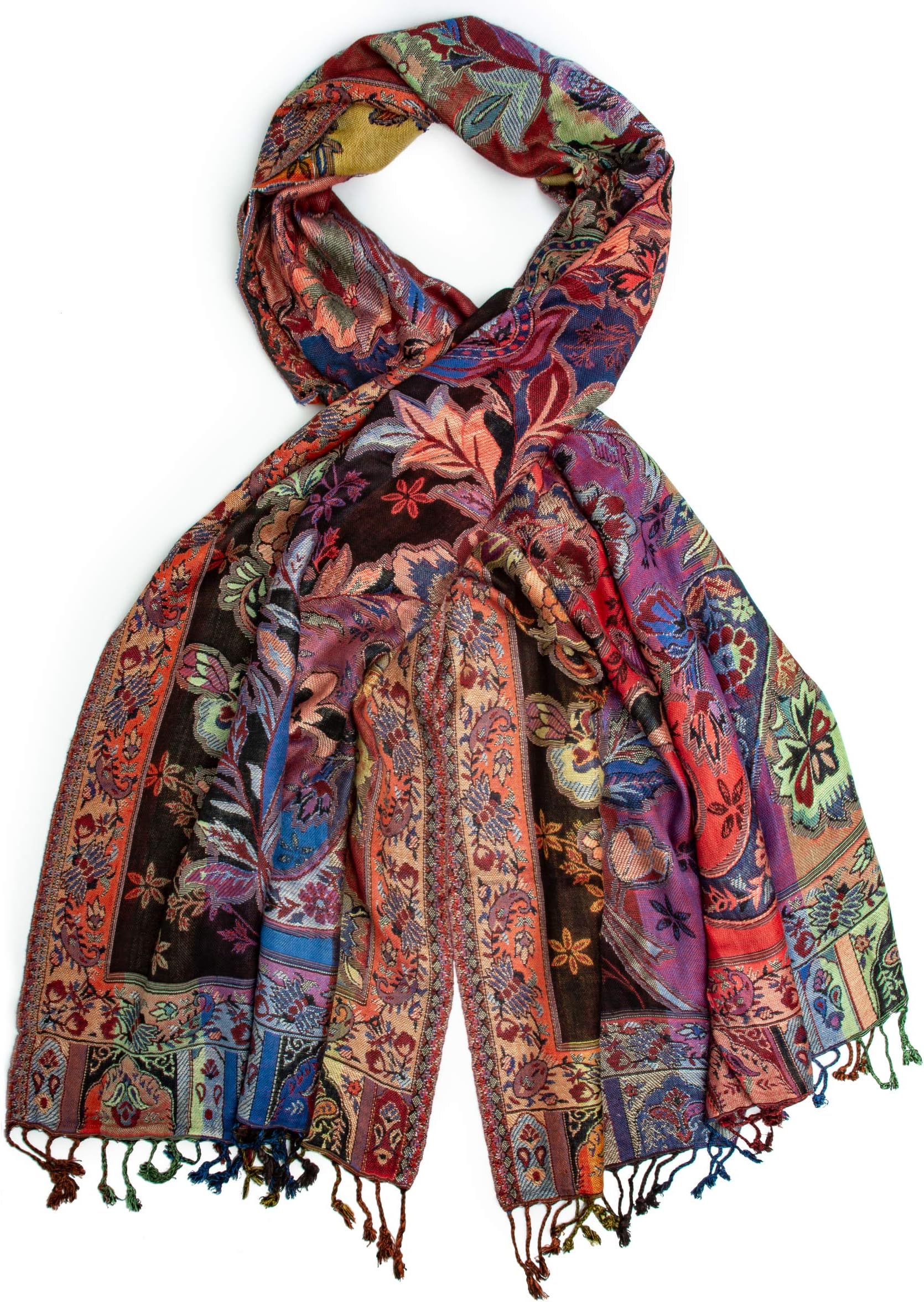Bethshaya Cashmere Silk Pashmina Shawl Scarf, Indian Floral Paisley Hand Made in Nepal
