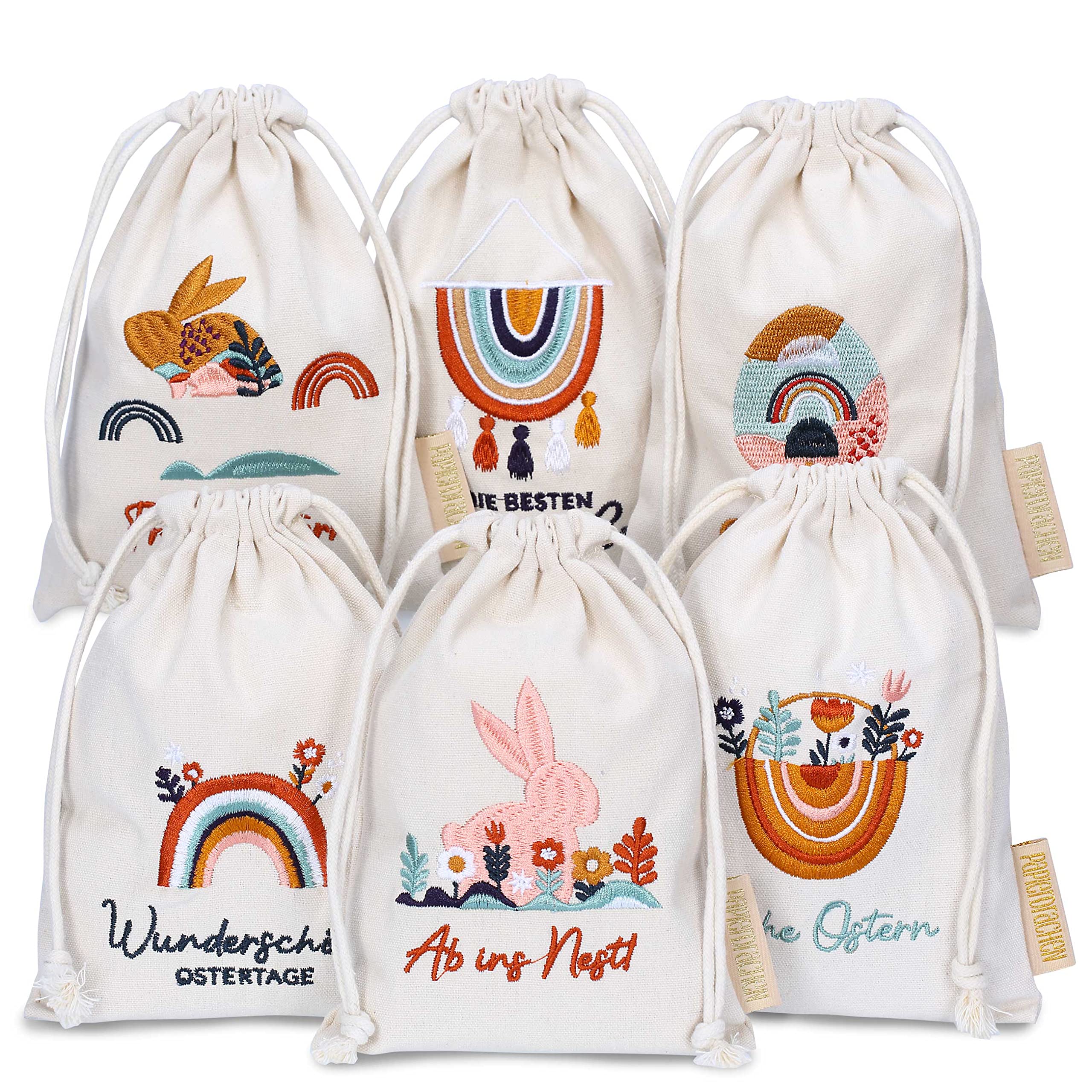 Papierdrachen 6 linen bags with embroidery, Easter packaging, table decoration, fabric bags for Easter, boho, 13 x 18 cm, set 2