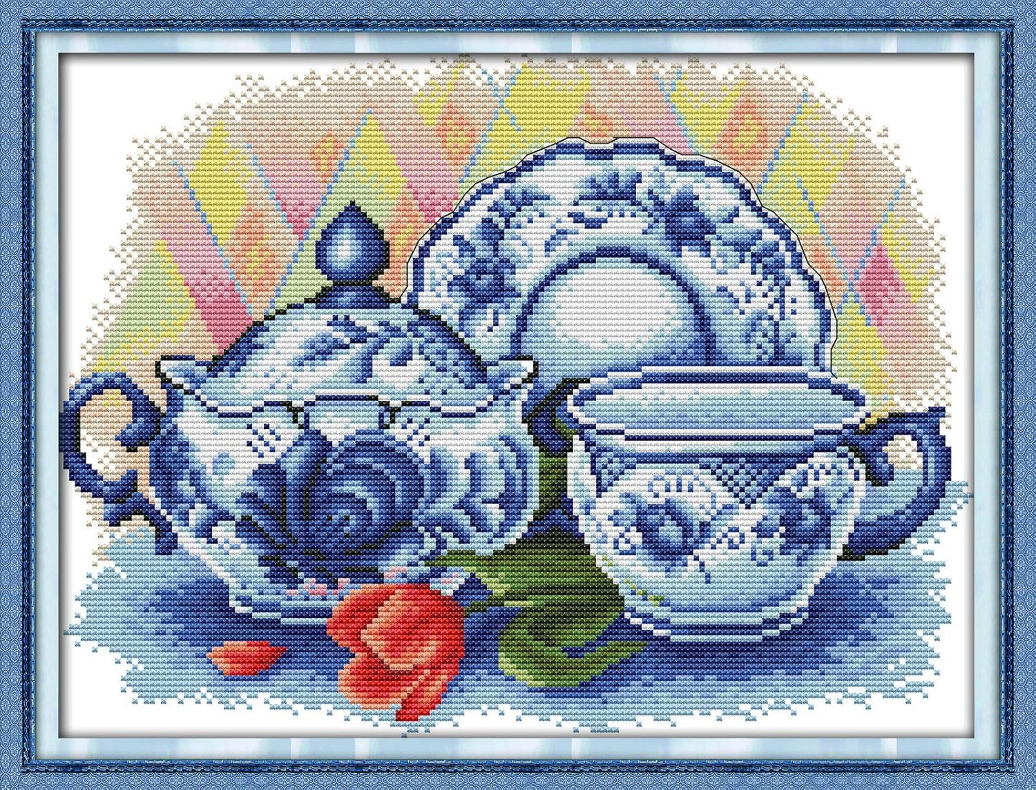 Joy Sunday Cross Stitch Kits 11CT Stamped Blue and White Porcelain Tea