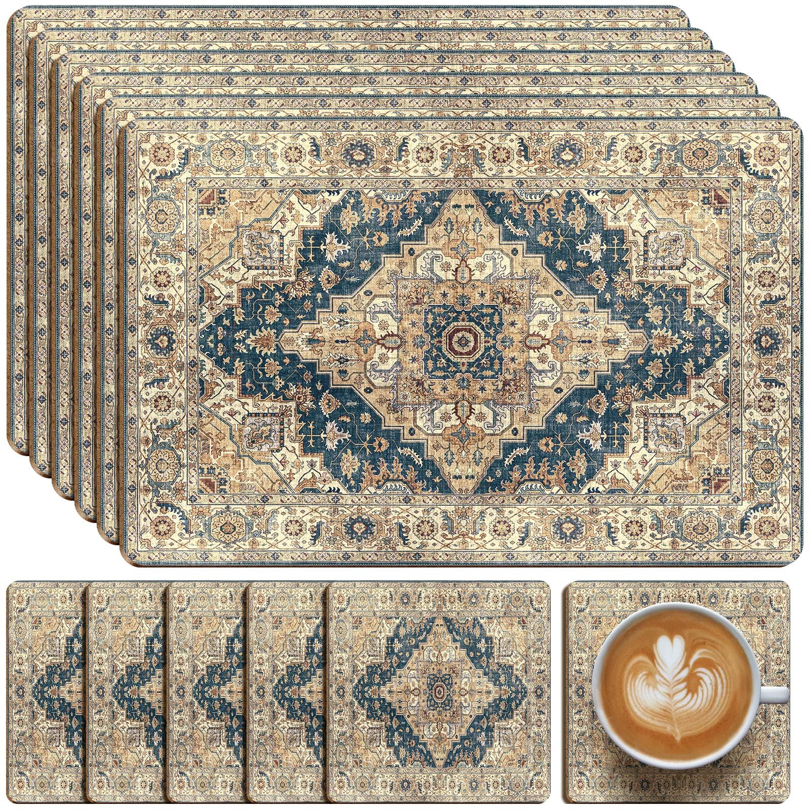 Photo 1 of Bucherry 6 Sets Boho Cork Placemats 16 x 12 Inch Heat Cork Backed Placemat and 6 Coasters Retro Backing Autumn Table Mats Square Coasters for Rustic Kitchen Dinner Table Setting Supplies (Blue)