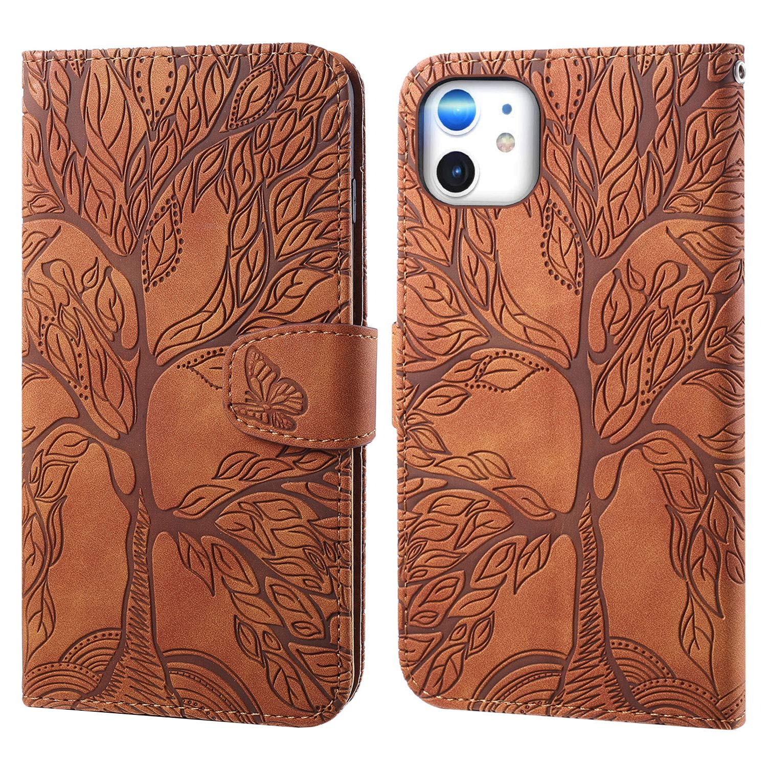 Aisenth for iPhone 12 Mini Flip Case, The Tree of Life Embossed PU Leather Wallet Phone Folio Case Magnetic shockproof Protective Cover with Stand function, Card Slots + 1 pcs Wrist Strap (Brown) — image 1