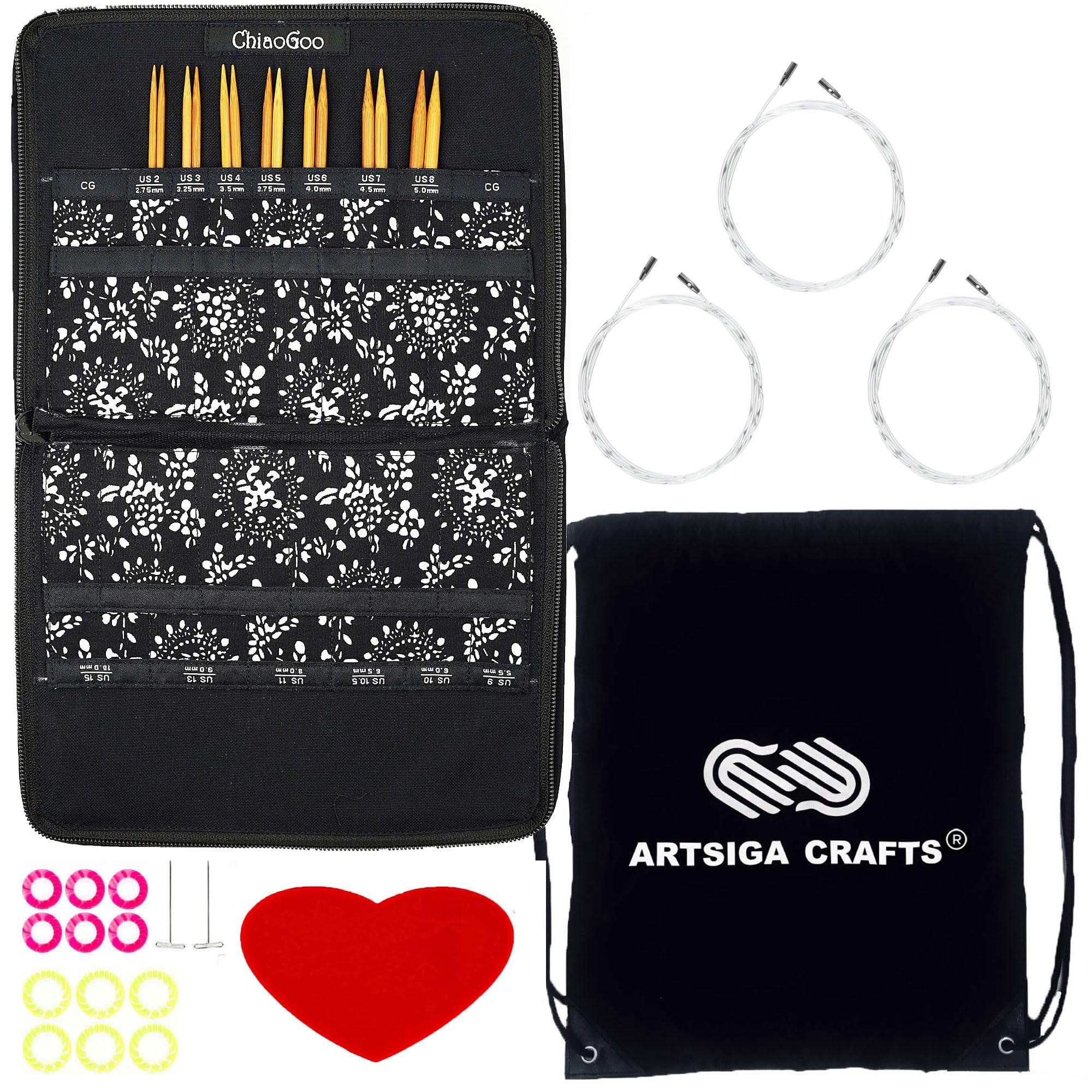 ChiaoGoo Knitting Needles Interchangeable Spin Bamboo Small 4-Inch Needle Set Bundle with 1 Artsiga Crafts Project Bag 2400-S