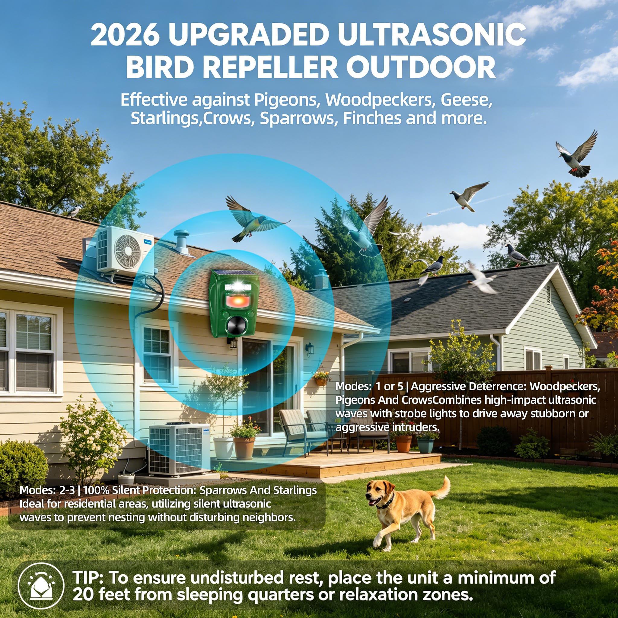 Condition photo showing New/Like New for 2pack upgraded bird deterrent solar animal repellent ultrasonic outdoor with motion sensor strobe li