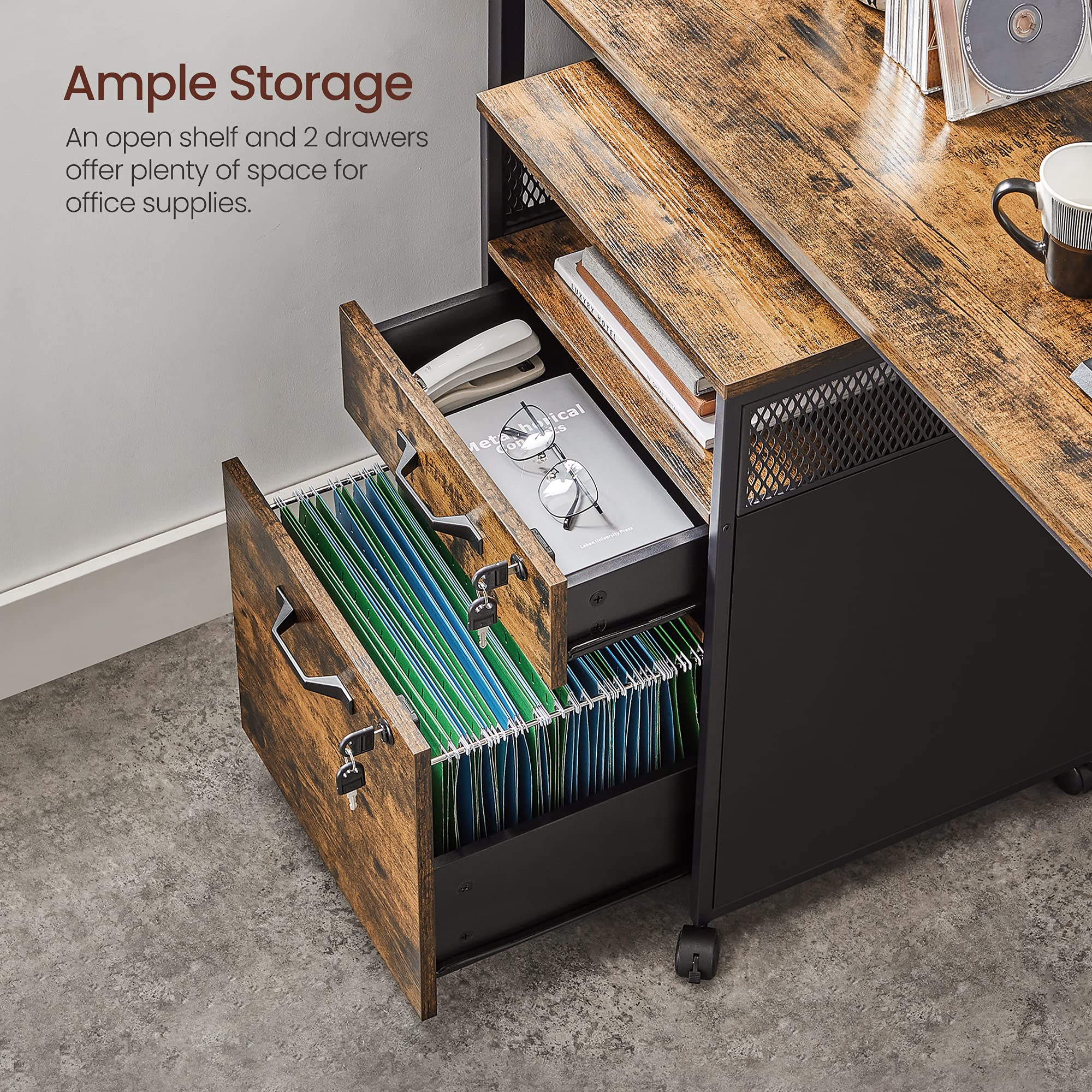 VASAGLE File Cabinet, Mobile Filing Cabinet on Wheels, for Home Office, 2 Lockable Drawers, for A4, Letter-Size Hanging File Folders, Open Shelf, Steel Frame, Rustic Brown and Ink Black UOFC077B01