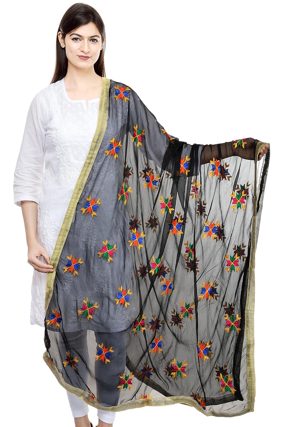 weavers villa&reg; punjabi hand embroidery phulkari buty work faux chiffon dupatta, stoles