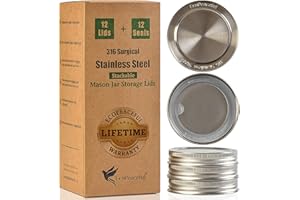 EcoPeaceful 316 Surgical Stainless Steel Mason Jar Lids REGULAR Mouth,ORIGINAL DESIGN,Stackable w/ Pull-Tab Silicone Seal. Ru