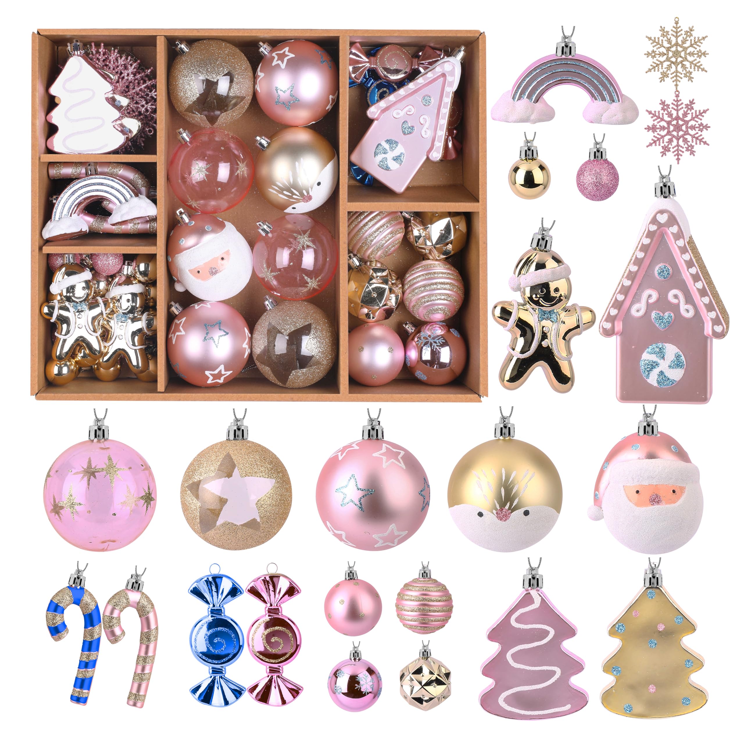 Photo 1 of Alupssuc 65pcs Christmas Balls Ornaments Set, Shatterproof Plastic Baubles Gold Gingerbread House, and Tree Topper for Xmas Tree Holiday Wedding Party Decorations with Hanging Strings, Macaron Pink