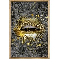SIGNWIN Framed Canvas Print Wall Art Golden Pearl Artistic Lips on Black Background People Texture Photography Realism Glam Closeup Colorful for Living Room, Bedroom, Office - 16
