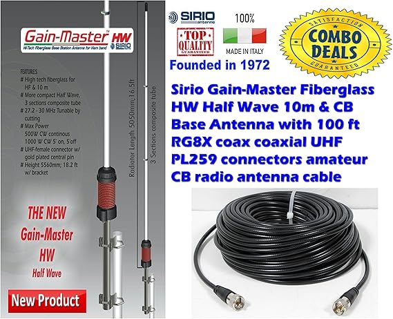 Amazon.com: Sirio Gain-Master Hi-Tech Fiberglass HW Half Wave 10M/CB Antenna  with 100Ft Coax: Car Electronics