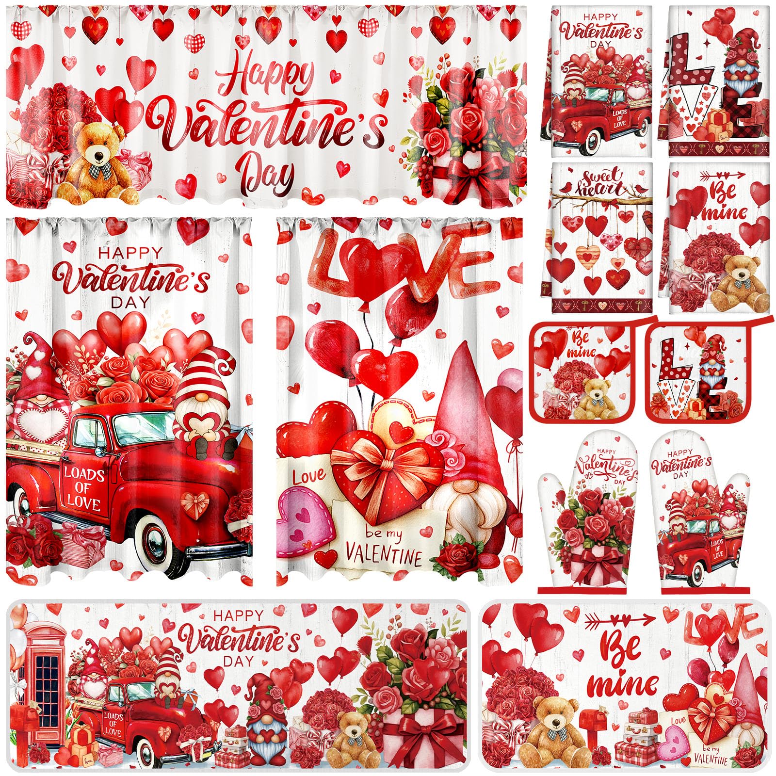 Photo 1 of 13 Pcs Valentine's Day Kitchen Sets with Kitchen Towels Non Slip Mats Curtains Valance Pot Holders Oven Mitts Red Love Heart Home Decor Accessories Sets for Valentines Cooking Grilling Baking Gift