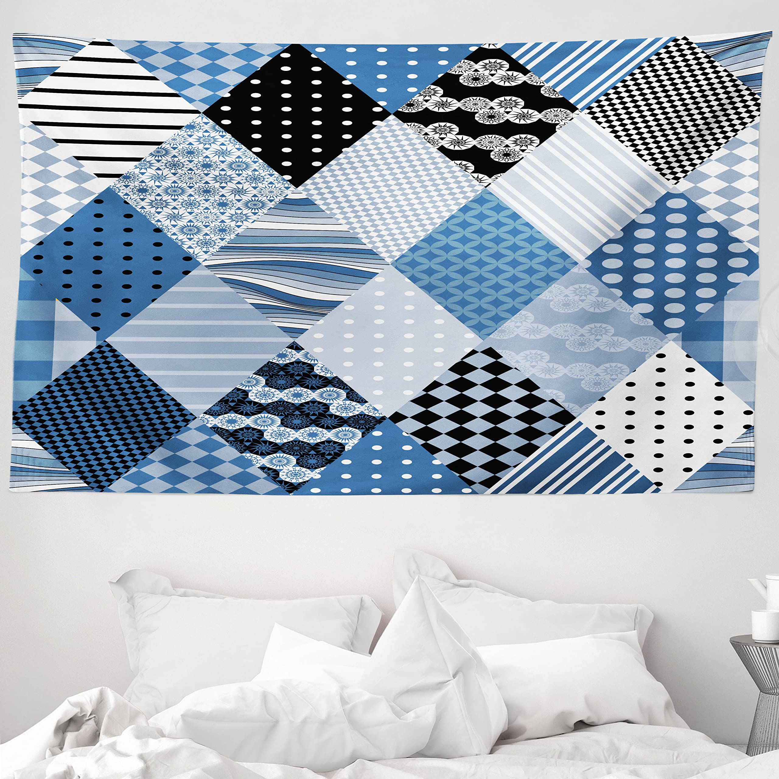 ABAKUHAUS Geometric Tapestry, Geometrical Diamond Shaped Lines with Various Nostalgic Fashioned Old Pattern, Fabric Wall Hanging Decor for Bedroom Living Room Dorm, 90 W X 54 L, Blue Black