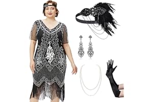 BABEYOND Plus Size 1920s Art Deco Fringed Sequin Dress Flapper Gatsby Costume Dress for Women