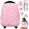 Dodo Babies Nursing Cover Set – Soft, Multipurpose Stretch Scarf for Breastfeeding and Car Seat Cover, Two Universal Pacifier Holders, Binky Case, Storage Bag – Playful Pink Print for Baby Girl