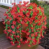 INSPRING Artificial Faux Outdoor Outside Flowers Plants, 2 PCS Fake Silk UV Resistant Look Real Red Daisy Trailing Vines for Front Door Porch Planter Urn Patio Balcony Decoration