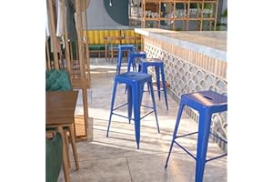 EMMA + OLIVER Commercial Grade 30" H Backless Blue Metal Indoor-Outdoor Barstool, Square