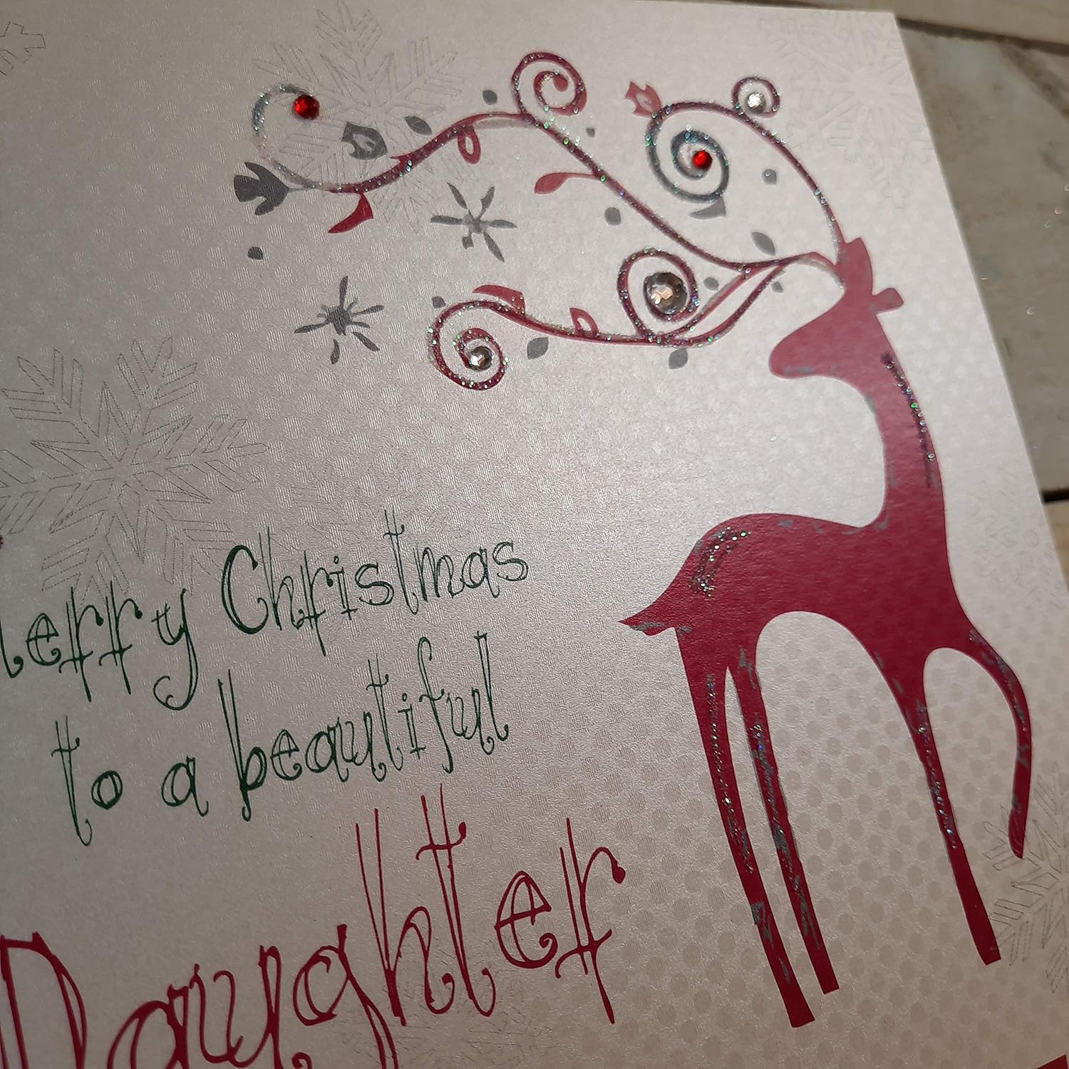 White Cotton Cards Merry Beautiful Daughter Handmade Christmas Card (Reindeer), 16cm x 16cm - Image 3