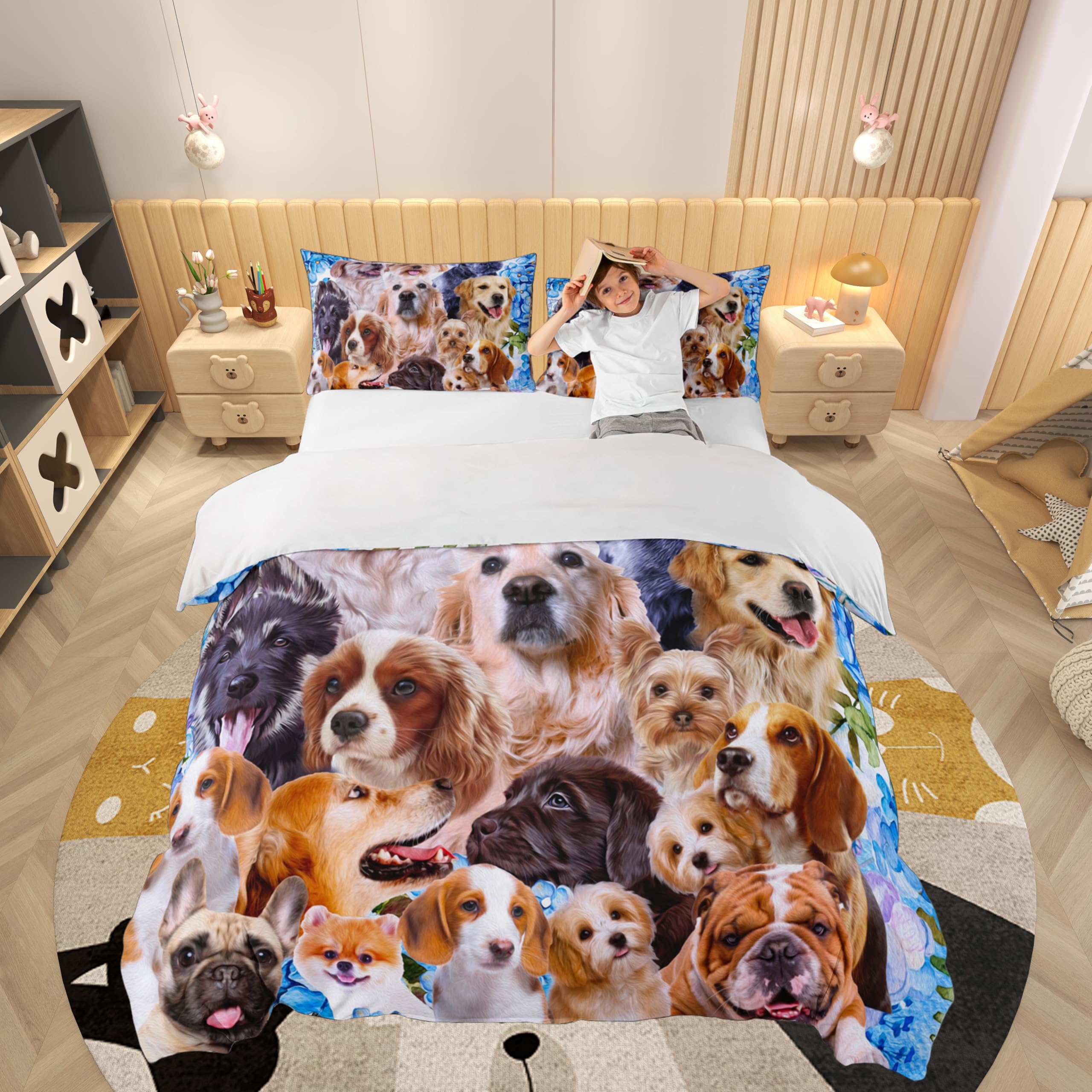 Loussiesd Dog Bedding Set Kids Cute Cartoon Dogs Duvet Cover for Boys Girls Pet Puppy Animal Lovely Bed Cover Pug Bulldog Collage Pattern Bedspread Cover Bedroom Collection 3Pcs Double Size