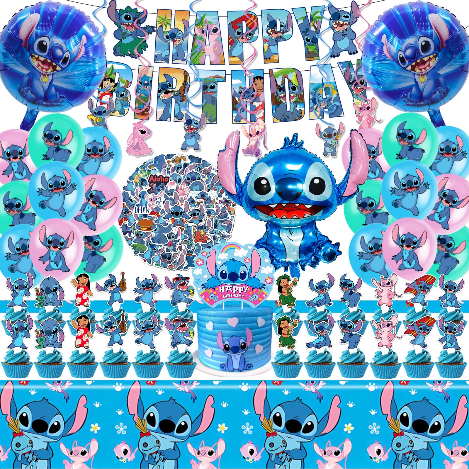 Photo 1 of Stitch Party Supplies, 101PCS Birthday Decorations Set Include Banner, Balloons, Stickers, Hanging Swirls, Cake Cupcake Toppers, Tablecloth for Boys Girls Stitch Theme Party