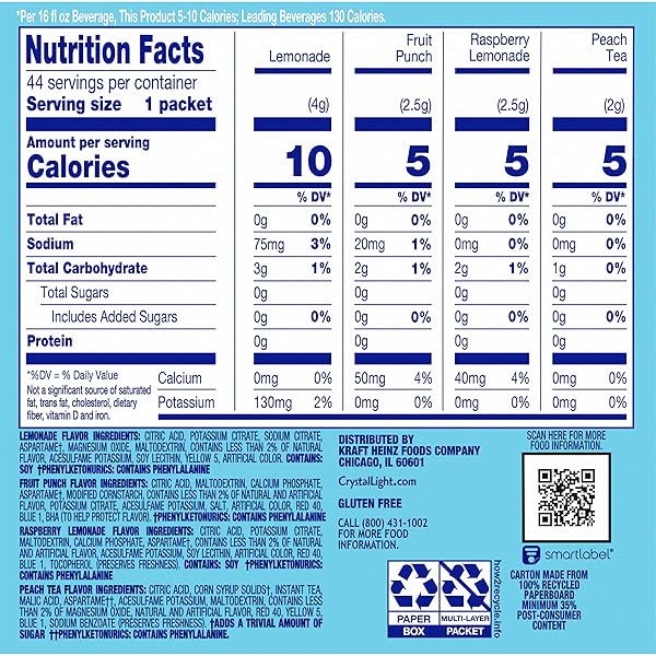 CRYSTAL LIGHT REFRESHING DRINK MIX VARIETY PACK, 44 PACKETS, FOR CONVENIENT HYDRATION, LEMONADE, RASPBERRY LEMONADE, PEACH ICED TEA, FRUIT PUNCH, NATURAL AND ARTIFICIAL FLAVOR, ZERO SUGAR, 4.18 OZ