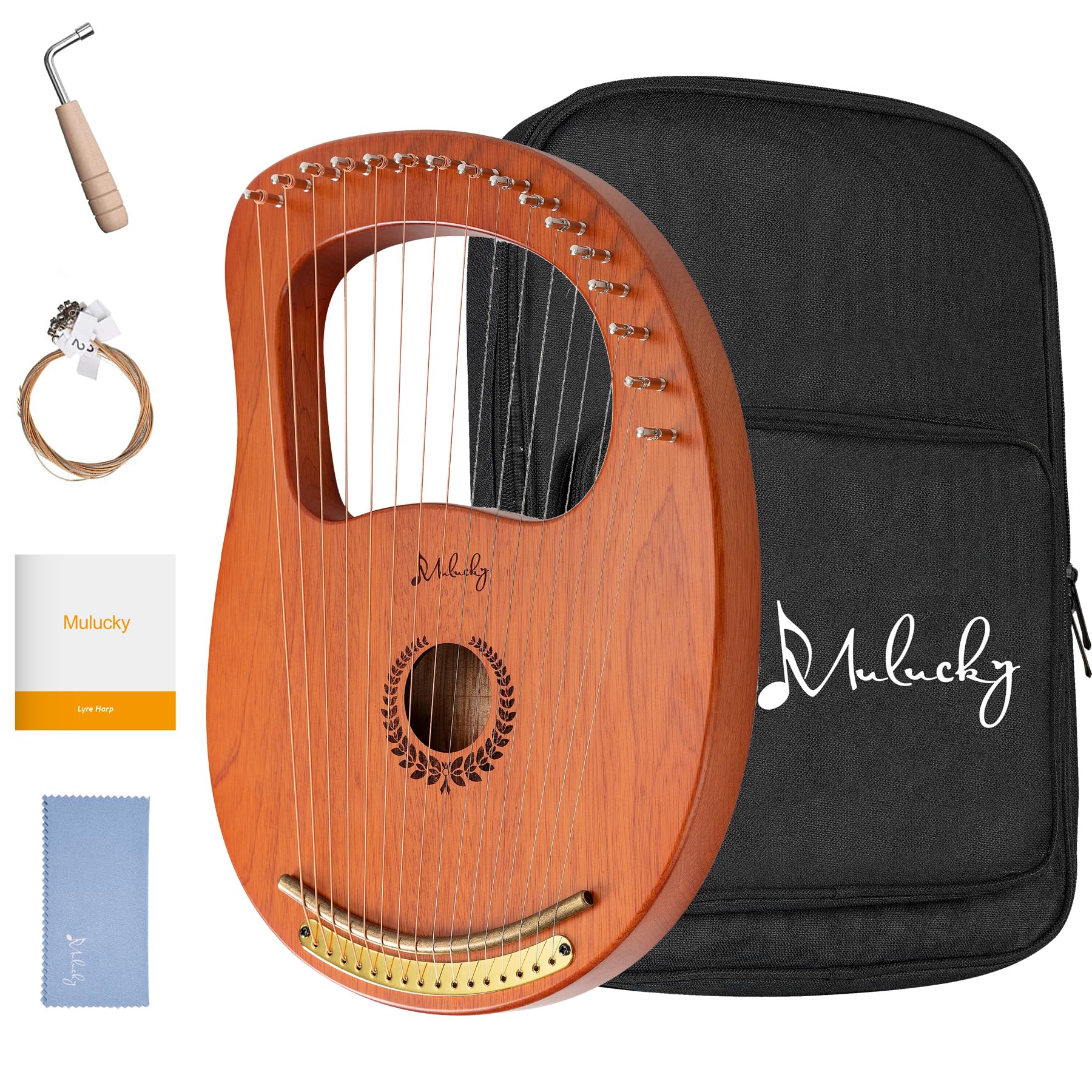 Mulucky Lyre Harp 16 Metal Steel String Bone Saddle Mahogany Lyre Instrument with Tuning Wrench and Black Gig Bag - MLH1601