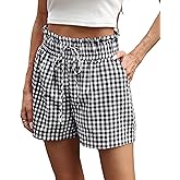 Dookttker Womens Ruffle Waist Boxer Cotton Pajama Shorts with Pockets Lounge Sleep Beach Casual Gingham Plaid Bottoms